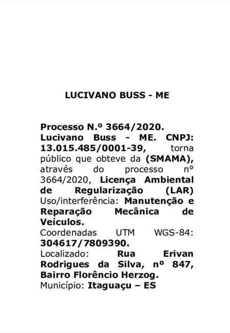 LICENÇA AMBIENTAL OBTIDA - LUCIVANO BUSS ME 